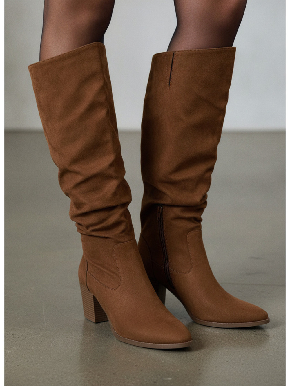 Brown Slouchy Knee-High Block Heel Boots